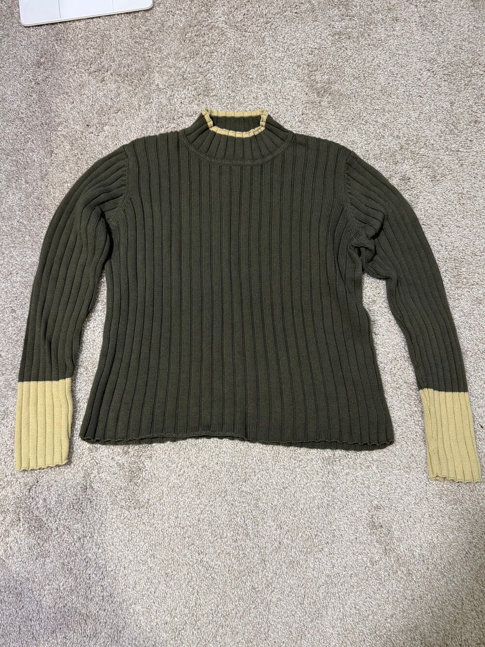 Vintage Sonoma Olive Ribbed Mock Neck Sweater Medium 100% Cotton Colorblock
